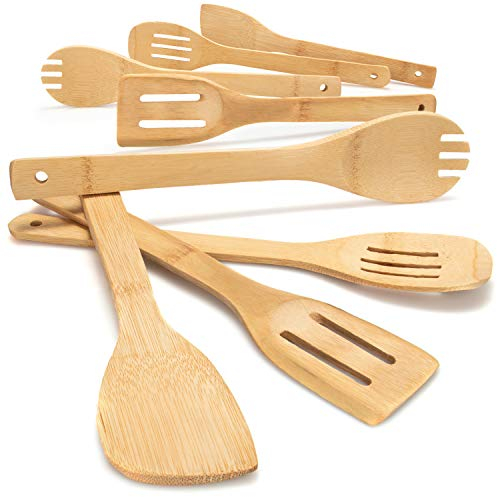 com-four® 8-teiliges Set Kochlöffel - Holzkochlöffel, Pfannenwender, Schlitzlöffel und Salatlöffel aus Bambus - Küchenhelfer zum Kochen und Braten (8 tlg. - Bambus - braun)