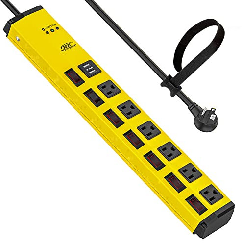 Surge Protector Power Strip with USB, Individual Switches and Flat Plug, CRST ECO-Friendly 6-Outlet Metal Heavy Duty Power Strip (1200 Joules) Circuit Breaker, 6-Feet 14AWG Cord (with Fastening Tie)