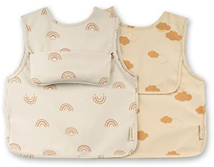 ÜneeQbaby Wasserdichte Baby- und Kleinkind-Lätzchen, 2 Stück, ärmellos, Öko-Tex-zertifiziert zum Füttern und Spielen mit Brusttasche