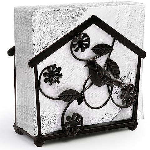 LotFancy Serviettenhalter aus Gusseisen, aufrechter Papier-Serviettenspender für Zuhause, Küche, Tische, drinnen und draußen, Vogel- und Blumen-Design