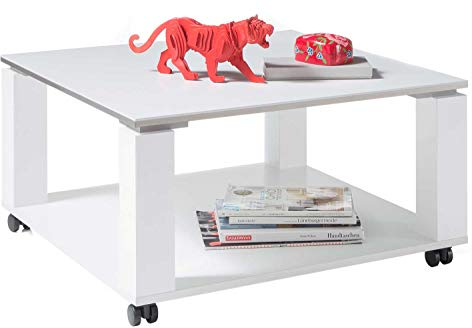 Möbel Jack Couchtisch Sofatisch Wohnzimmertisch | Weiß Hochglanz | Rollbar | 76x76 cm