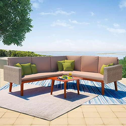 YITHOPI Polyrattan Lounge wetterfest – Gartenmöbel Set mit Ecksofa, Tisch & Auflagen - Gartenlounge für 4 Personen – PE Rattan + Stahl + Ölbeschichtetes Holz