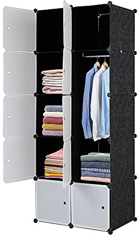 GLARRY Armoire de Rangement Portable, Étagère de Rangement 10 Cubes 70x45x177cm, avec Tige Suspendue et Portes, pour Vêtements Chaussures Accessoires - Noir et Blanc