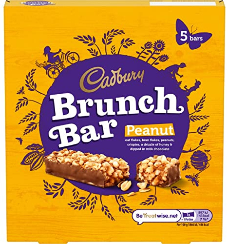 Cadbury Brunch Bar Peanut, Oat & Bran Flakes mit Erdnüssen geträufelt in Honig & Milchschokolade, Multipack 5 x 32 g (1er Pack)