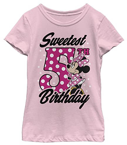 Disney Little, Big Minnie Mouse Sweet 5th Birthday Girls Short Sleeve Tee Shirt, Light Pink, Medium