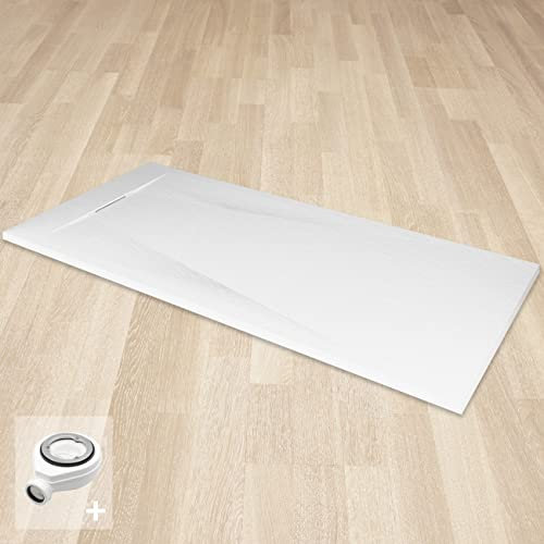 POLAR Receveur de douche blanc extra-plat antidérapant texture pierre 90 x 140 cm + bonde