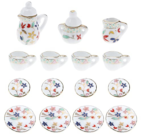 15 piezas 1:12 mini taza de té de flores de porcelana juego de muebles de simulación en miniatura mini estampado floral tetera taza plato accesorios para decoración de casa de muñecas