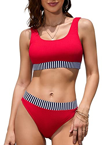 iSLASISIA Damen Sport Badeanzüge Zweiteiliger Crop Top Gerippter Bikini mit frechem Unterteil(Rot & Streifen,EU38)