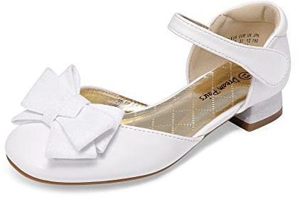 DREAM PAIRS Girls Glitter Bow Pumps,White,3 Big Kid | Glitter bow, 7/8 block heel, padded footbed, hook and loop fastening, TPR sole.