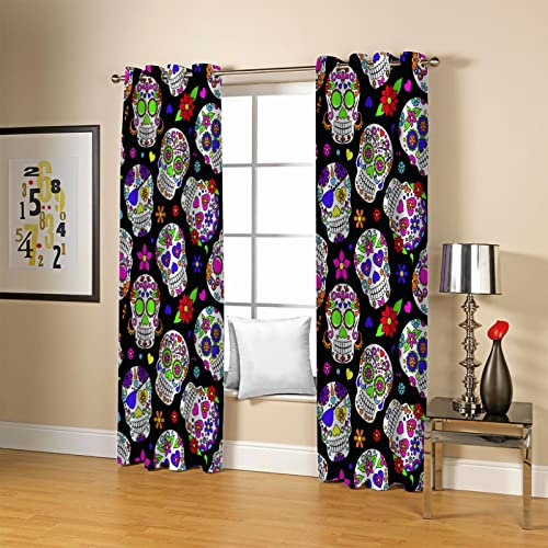 BOVZOX Fenster Vorhang Schlaufen-Vorhang 2 Stück x 117 B x 138cm H Blumen & Totenköpfe Dekorative Gardine Schlaufenschal Fenster-Schal