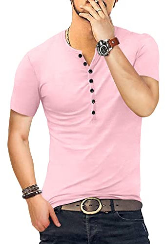KUYIGO Hombres Casual Slim Fit Henley Básico de Manga Corta Camiseta de Moda L Rosa