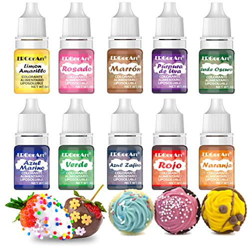 Colorante Liposoluble para Chocolate - ERCorArt 10 Colores Altamente Concentrados y Solubles en Aceite para Foudant, Tartas de Chocolate, Glaseados, Helados, etc., 6 ml/Unidad