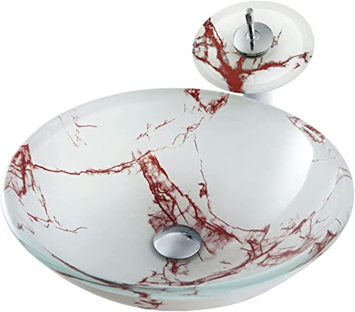 Vanity Cabinet Countertop Washbasin 16.5 X 16.5 X 5.7 Round Countertop Wash Basin ,Tempered Glass Bathroom Wash Basin On The Top Marble Texture Vessel Bowl Sink with Drain Combo (Color : Red)