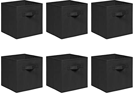 NICEME Foldable Cube Storage Unit Boxes, Non-Woven Fabric Storage Boxes Set, Clothes Drawers for Shelves, 26.5x26.5x28 cm (Black, Set of 6)