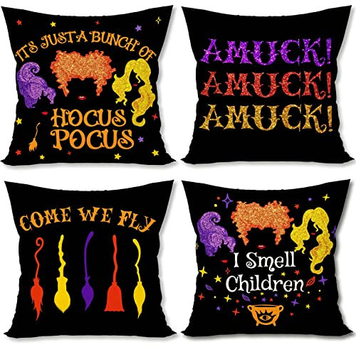FARMNALL Linen Hocus Pocus Halloween Pillow Covers 18x18 Set of 4 Throw Pillow Case Witch Broomstick Halloween Decorations Bed Couch Sofa Pillow Car Chair Pillow Outdoor Pillow Covers