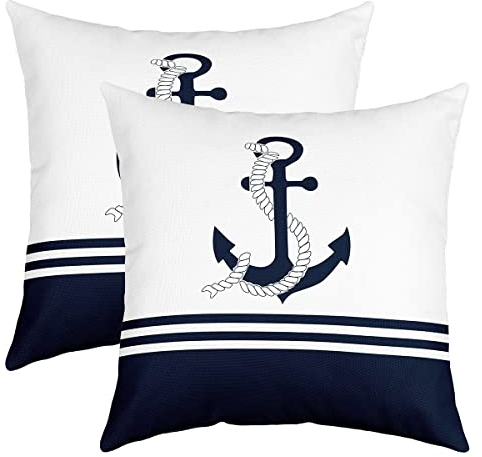 Anker Dekor Kissenbezüge 50x50cm 2er Set Kissenbezüge Weich Nautische Thema Dekorative Sofakissen Couchkissen für Ozean Küsten Kissenbezug Kissenhülle Meer Adventure Marine Blau Weiß Dekokissens