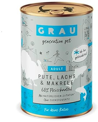 GRAU – das Original – Nassfutter für Katzen - Pute, Lachs, Makrele, 6er Pack (6 x 400 g), getreidefrei, für Erwachsene Katzen