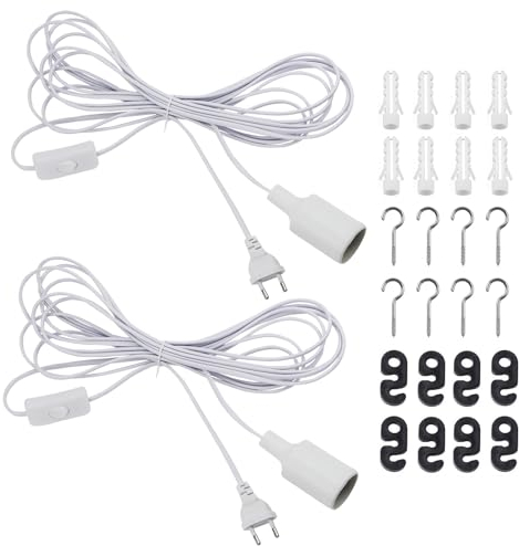 BouGPeng 2PCS Portalampada E27 con Interruttore e Cavo di Alimentazione 6M AC 250V 4A(max.60W) Lampadina E27 con EU Spina e viti per un gancio per una facile impiccagione bianco