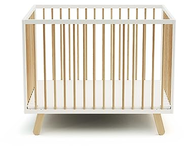 AT4 – Laufstall baby Holz 80x100 PIRATE Weiß und Buche Natur | Laufgitter 3 Stufen Höhenverstellbar | Für Kinder bis 24 Monate