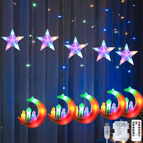 LED Ramadan Licht,Stern Mond Lichterketten,Stern Lichterkette Lichtervorhang,LED Vorhang Lichter,Wasserdicht Sternenvorhang mit 8 Blinkenden Modi & Fernbedienung,Batterie & USB Betriebene Lichterkette
