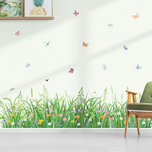 decalmile Adesivi Murali Erba Verde e Fiori Adesivi da Parete Baseboard Farfalle Fiore Primavera Battiscopa Decorazione Murale Camerette Bambini Soggiorno Cucina