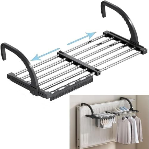HEKOBAG Radiator Clothes Airer, 42-73CM Extendable Balcony Radiator Drying Rack Stainless Steel Hanging Drying Rack Folding Radiator Towel Holder Indoor Outdoor for Hanging Socks, Clothes, Towel