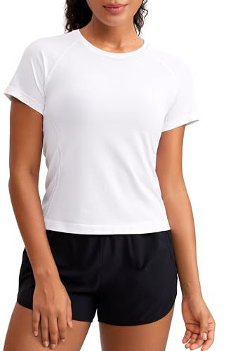 CRZ YOGA Women's Seamless Short Sleeve Shirts Breathable Running Yoga Plain Top Stretchy Sport Gym Fitness Basic T-Shirt White 10