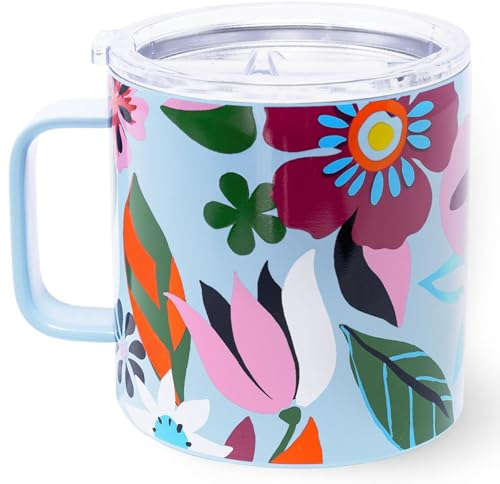 kate spade new york Stainless Steel Insulated Mug with Handle and Lid, 16 Ounce Double Wall Tumbler, Reusable Coffee Travel Mug for Hot and Cold Drinks (Safari Floral)