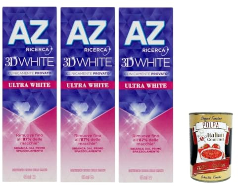 Dentifricio AZ Ultra White, Zahnpasta mit aufhellender Wirkung, 3x 65ml + Italian Gourmet polpa 400g