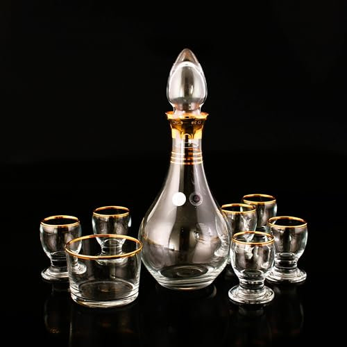 Traditional Glass Zamzam Serving Set, Zemzem Takimi, Vintage Turkish Zamzam Water Set of 8, 1 Carafe Bottle, 1 Date Bowl, 6 Glasses, Shot Glass Set (Golden Transparent)