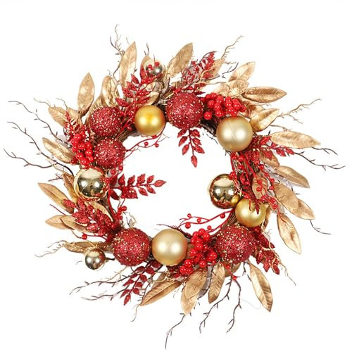 Wnvivi 45 cm Glitzernder Weihnachtskranz, Roter und Goldener Schaumbeerenkranz, Künstlicher Weihnachtskranz für die Fensterdekoration an der Haustür