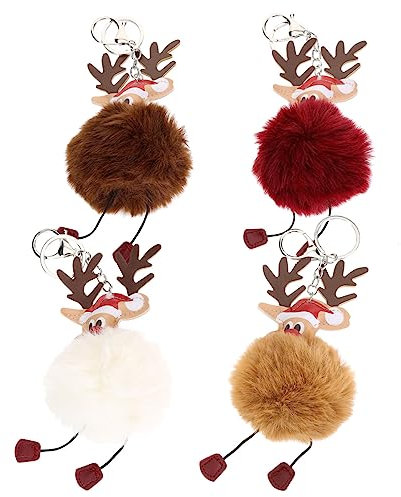 LIFKOME 4pièces Porte-clés Pelucheux Élans Pour Garçon Fille Charms Sacs Doux Pendentifs De Noël Peluche Colorés Rouge Profond Marron Café