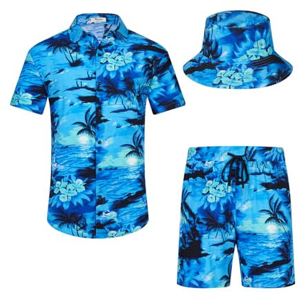 SPKPKEY Ensemble de 2 chemises hawaïennes et shorts pour homme - Chemise décontractée boutonnée - Tenue de plage d'été avec chapeau cloche, Bleu et palmier, XL