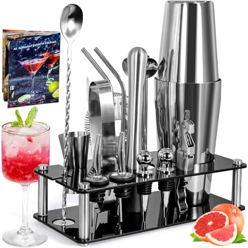 ZPQAODI Ensemble à Cocktail,Shaker à Cocktail 18 pièces en Acier Inoxydable,Ensemble Shaker à Cocktail Essentiel pour la fête,Ensemble Shaker à Cocktail Professionnel avec Support et Livre de Recettes