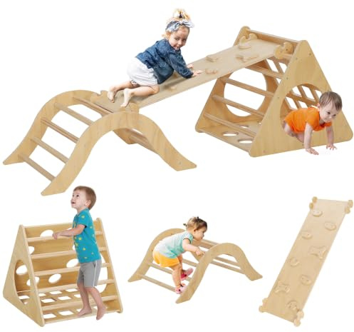 AIYAPLAY 8 en 1 Triángulo de Escalada Montessori 175x59,5 cm Natural | Arco y Rampa Escalada, Niños 18-48 Meses, Madera, Bolsa de Arena