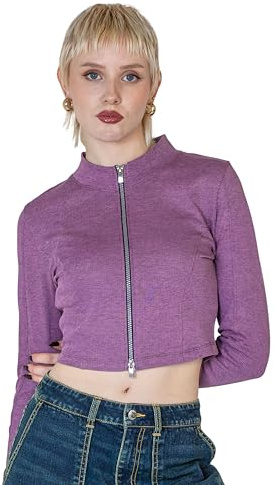Enorsia Womens Long Sleeve Crop Zip Top, Slim Fit with High Neck Ribbed Jersey Jacket for Athleisure Wear - Soft and Comfortable Fabric (Pink,12)