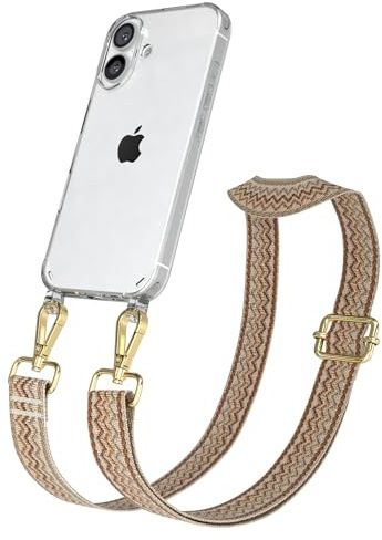 EAZY CASE Handykette - Verstellbares Taschenband kompatibel mit iPhone 16, Schulterriemen, Handykordel mit Silikon Hülle, Umhängetasche, Beige Braun Gold