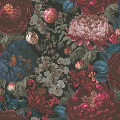 Large Flowers Red Blue Wallpaper - Botanical Moody Vintage - Elegant Mysterious Floral Pattern - Paste The Wall