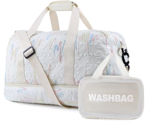 Reisetasche für Damen, Wochenendtasche mit Schuhfach und Nasstasche, Handgepäck, Übernachtungstasche, Turnbeutel mit Kulturbeutel, beige, Reisetasche