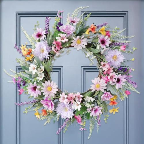 JOYWU Spring Wildflower Wreath for Front Door,45cm Artificial Flower Wreaths with Colorful Daisy Flowers,Lavenders and Leaves,Silk Summer Lavender Daisy Floral Wreaths for Spring Summer Decor