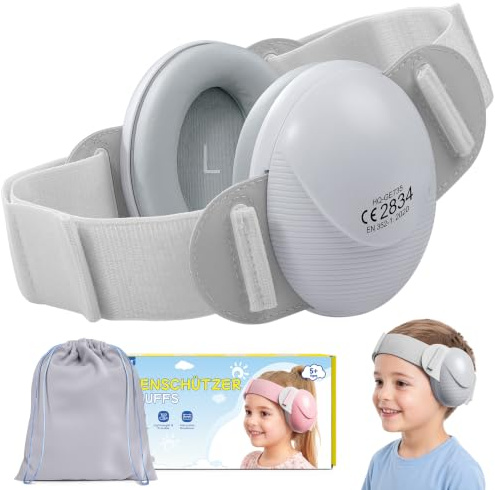 ECHOCUBE Protectores Auditivos para Bebés, Cascos Bebe Antiruido de 25dB para Niños de 0 a 48 Meses, Cascos Ajustables para Viajes en Avión y para Dormir - Gris