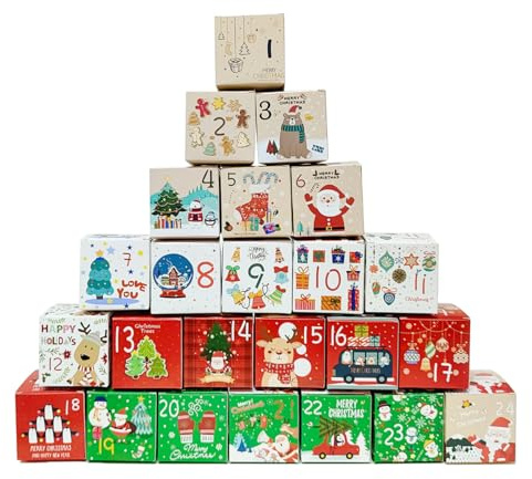 DAHI Adventskalender zum Befüllen 24 Adventskalender Schachteln Schöner Geschenkbeutel Weihnachtsmotive Boxen (bunt-B)