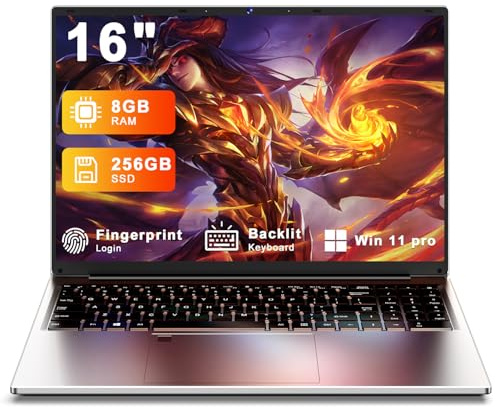 XNQ Gaming Laptop Computer 2025, 16 Inch 1920 * 1200 FHD IPS Lap Top PC, 8GB RAM 256GB ROM, N5105 Processor, 5000mAh Battery, Backlit Keyboard, USB3.0 * 2, Fingerprint Unlock, HDMI, Wifi5, Win 11 pro