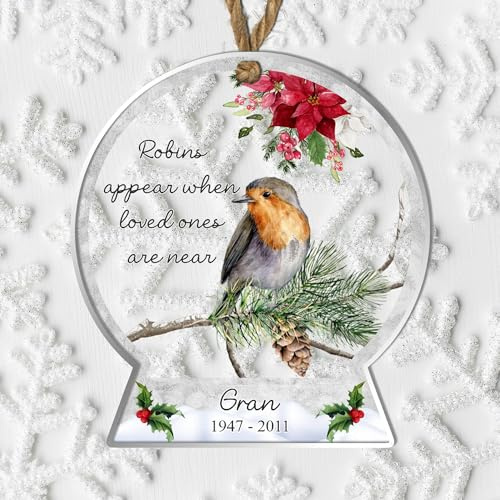 Custom Robins Loved Ones Are Near Christmas Tree Bauble - Personalised Memorial Ornament Decoration for Grief Keepsakes in 4 Colours - Family Loss Gift (Grey)