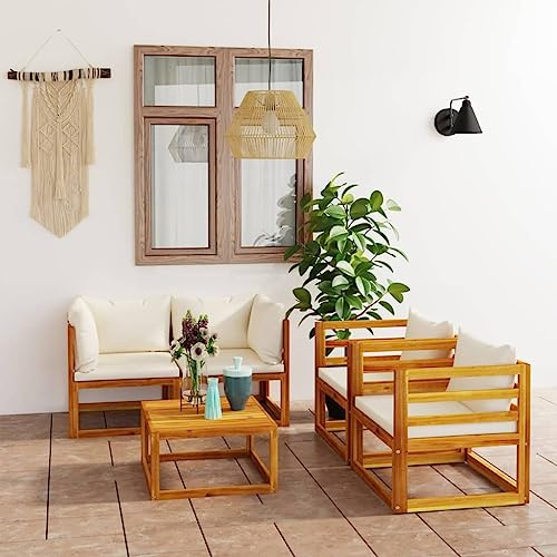 Runheo 5-TLG. Garten-Lounge-Set, Akazienholz Massiv, Cremeweiße Auflagen, Witterungsbeständig, Outdoor Sitzgruppe für Terrasse, Balkon, Patio