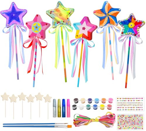 12 Piezas Varitas Mágicas de Hadas, Varitas Mágicas de Madera, Varitas Princesa Niña,Manualidades Varita de Princesa con Pinturas, Pegatinas, Purpurina y Cintas Kit Creativo para Niñas (Estrellas)