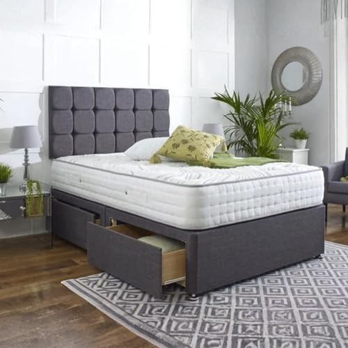 Bonanza Upholstered Plush Divan Base with 20” Cube Padded Headboard | Solid Divan Bed Base Storage Drawers | 10” Orthopaedic Spring Mattress (Grey (No Mattress), 4ft6 Double (2 Drawers))