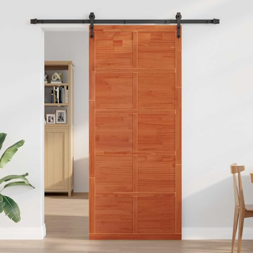 Porta Fienile Legno Pino 100 x 2,5 x 208 cm Marrone Cerato | Meccanismo scorrevole salvaspazio, assemblaggio facile, stile rustico, manutenzione con panno asciutto