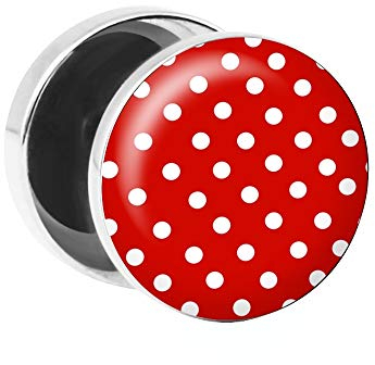Treuheld | Ohrstecker zum Schrauben - POLKA DOTS - rot-weiß - Motiv Fake-Plug Ø 10mm Silber - Edel-Stahl Ohr-Ringe - Chirurgen-Stahl 316L Fake-Tunnel - Gewinde Ohr-Stecker - Punkte Muster