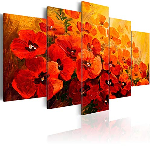 decomonkey Bilder Blumen Mohnblumen 200x100 cm XXL 5 Teilig Leinwandbilder Bild auf Leinwand Wandbild Kunstdruck Wanddeko Wand Wohnzimmer Wanddekoration Deko Abstrakt rot orange